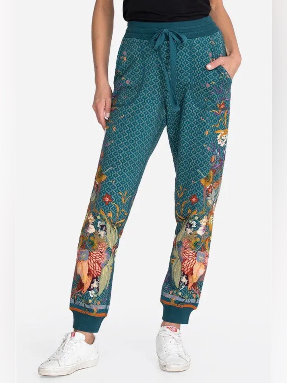 Johnny Was Aran French Terry Jogger Large Floral Green Pull Up Pockets
